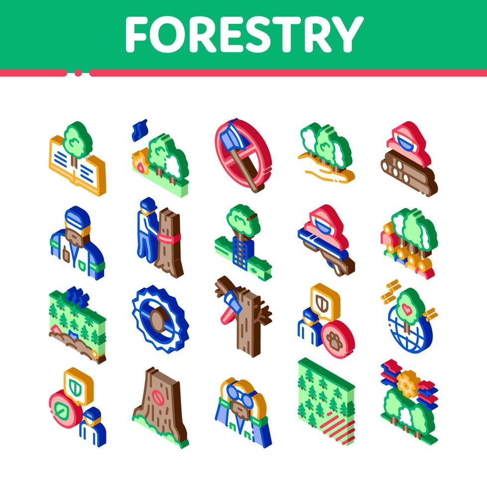 Forestry Lumberjack Isometric Icons Set Vector