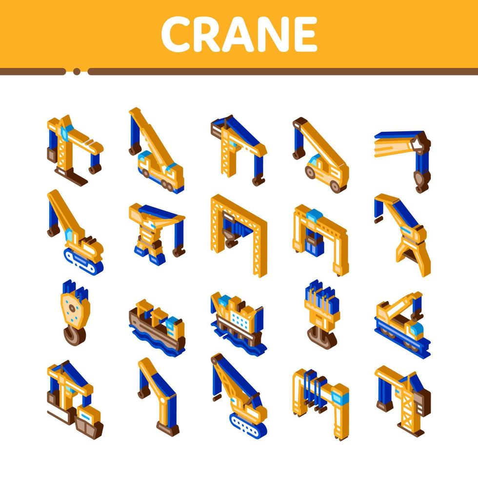 Crane Building Machine Isometric Icons Set Vector