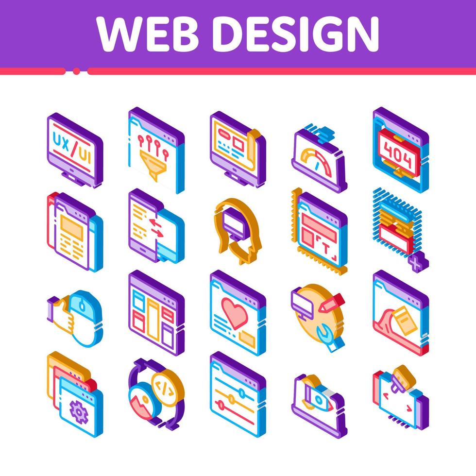 vector de conjunto de iconos isométricos de desarrollo de diseño web