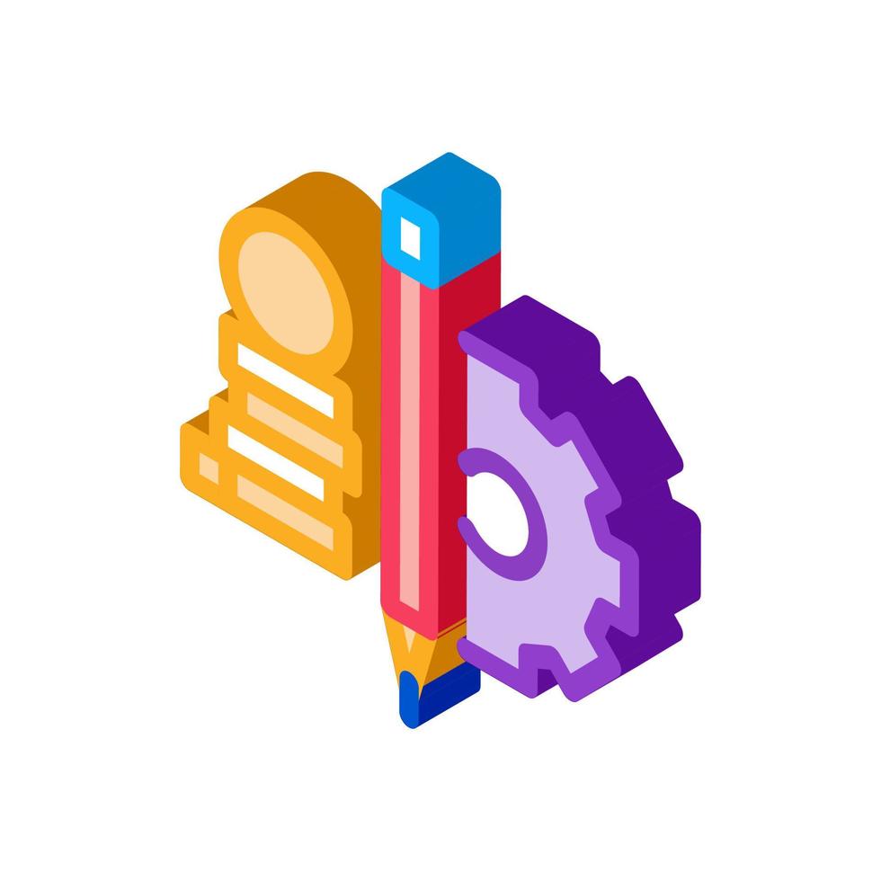 coin heap pen and mechanical gear isometric icon vector illustration