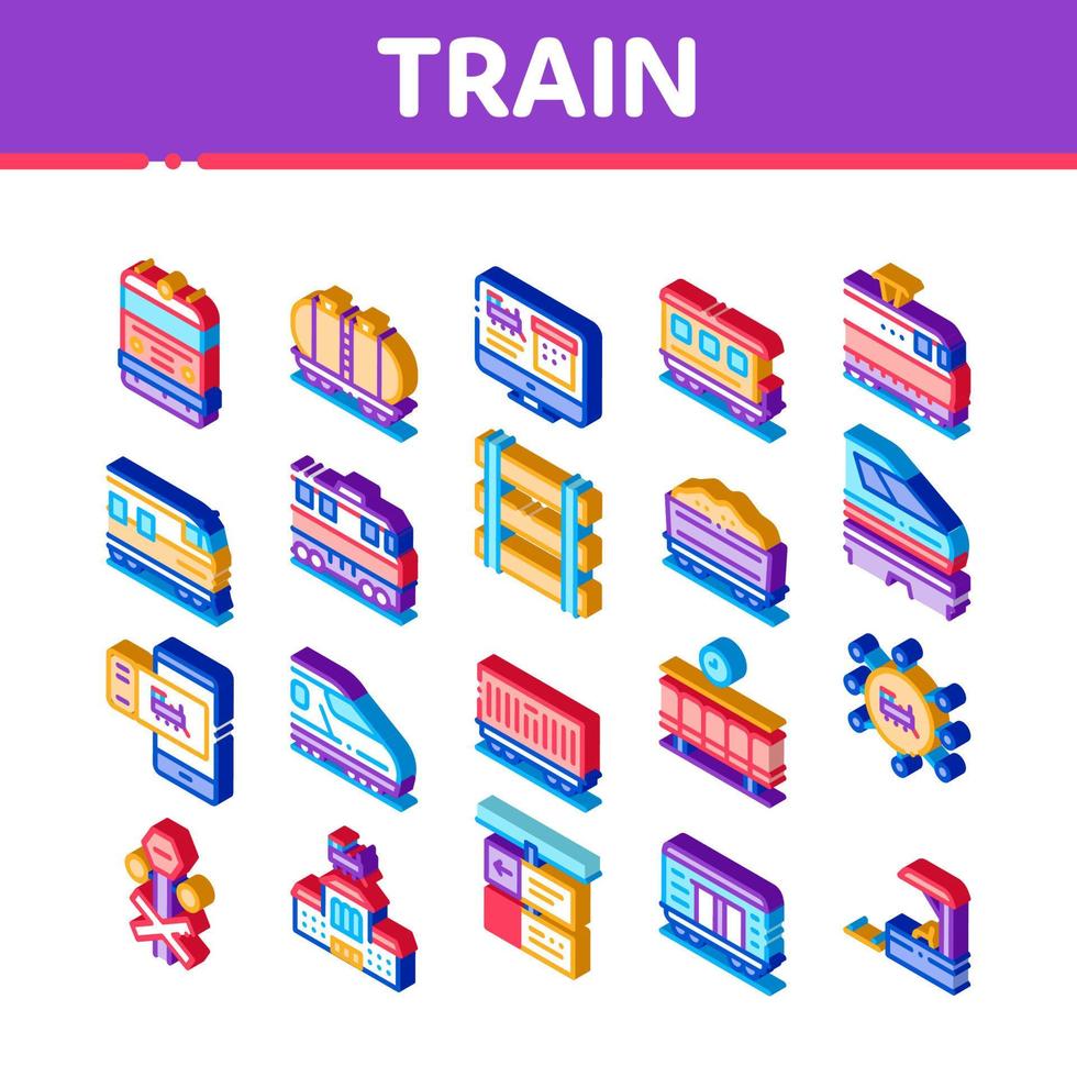 tren, transporte ferroviario, iconos isométricos, conjunto, vector