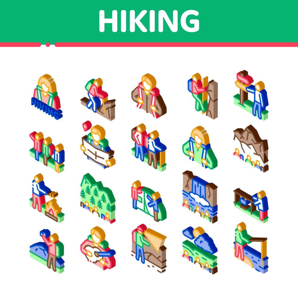 Hiking Extreme Tourism Isometric Icons Set Vector