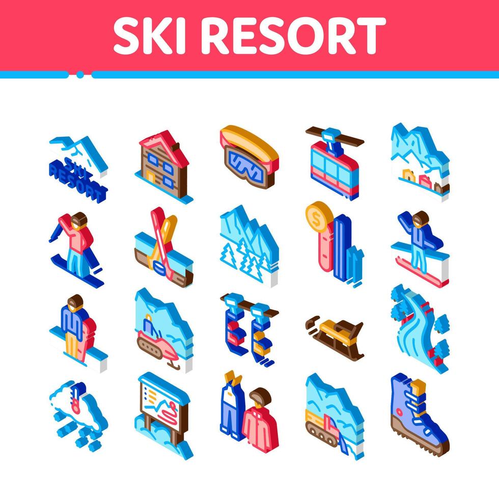 Ski Resort Vacation Isometric Icons Set Vector