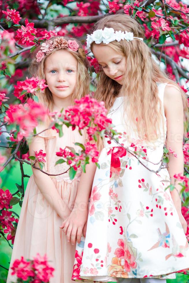 Adorable little girls in blooming apple tree garden on spring day 18036264 Stock Photo at Vecteezy