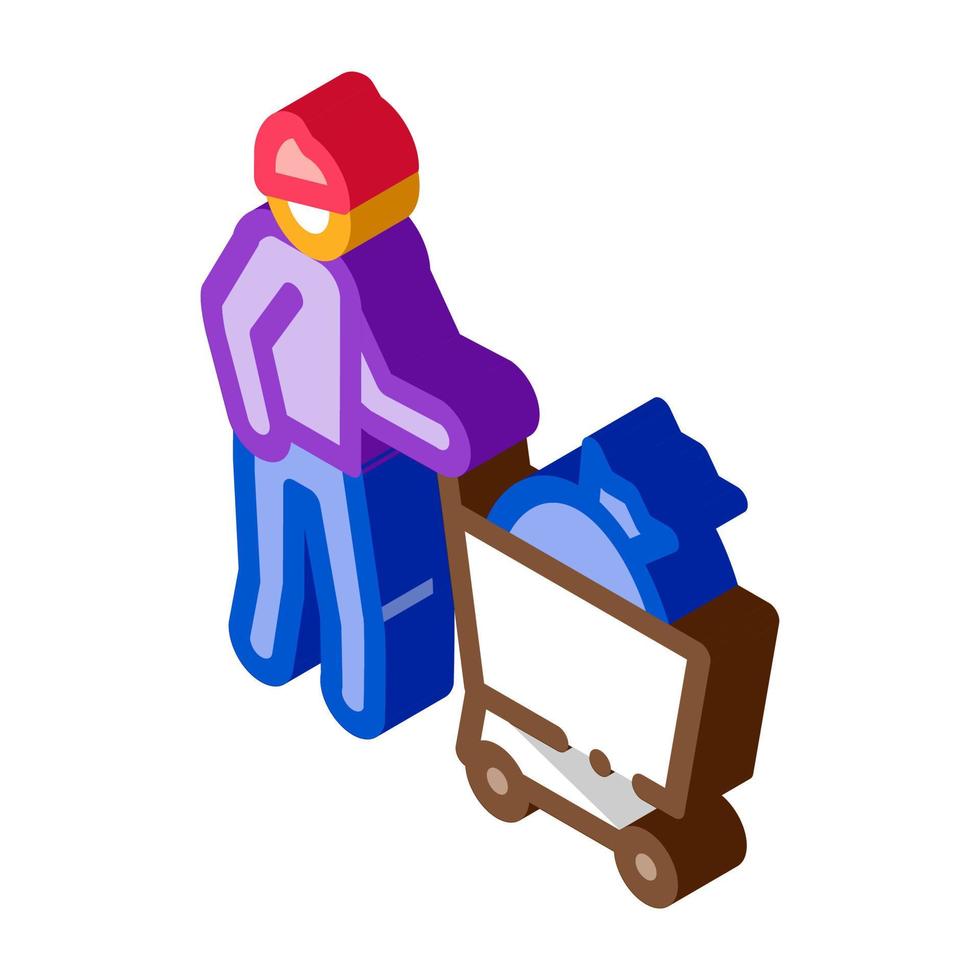 homeless with bag in shop cart isometric icon vector illustration