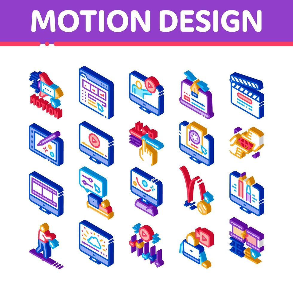 vector de conjunto de iconos isométricos de estudio de diseño de movimiento