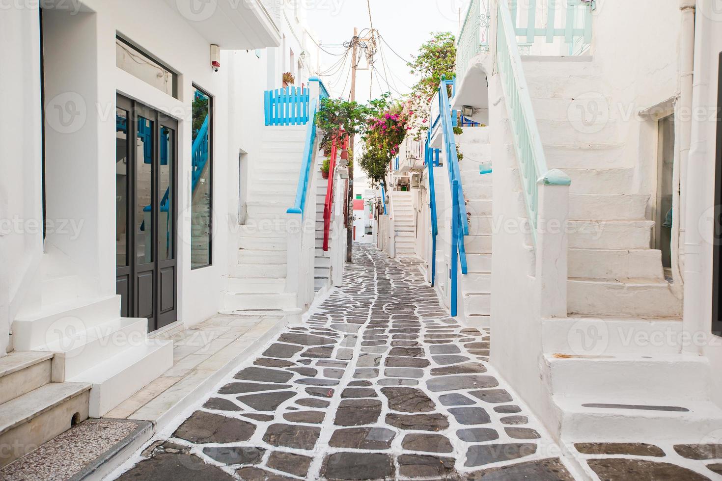 The narrow streets of greek island with cat. Beautiful architecture building exterior with cycladic style. photo