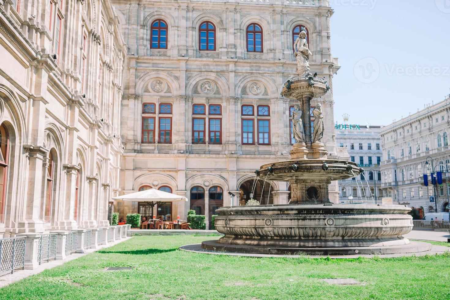 Vienna Opera house, Austria. Photo view on fountain at vienna opera state house.