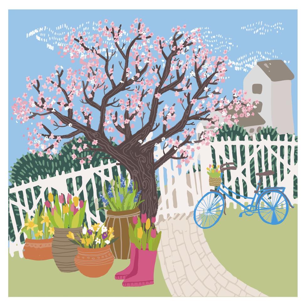 jardín o patio por casa, árbol de sakura en primavera vector