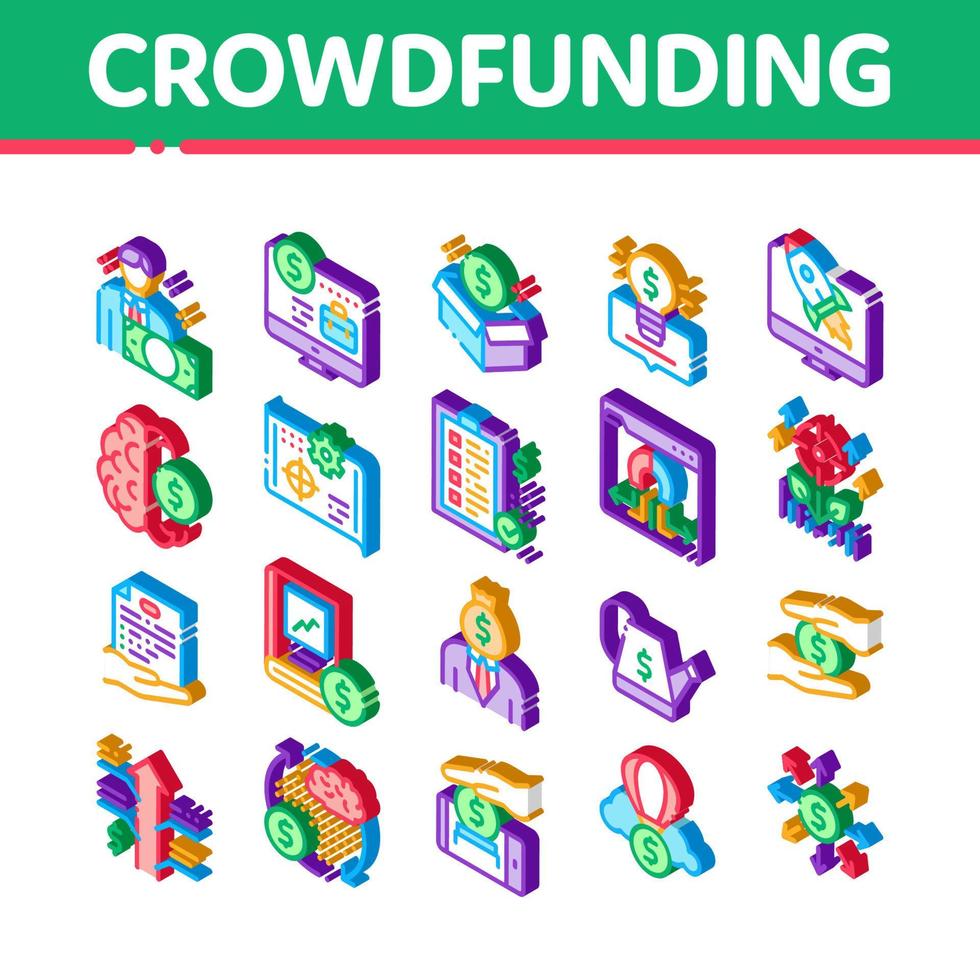 Crowdfunding Business Isometric Icons Set Vector