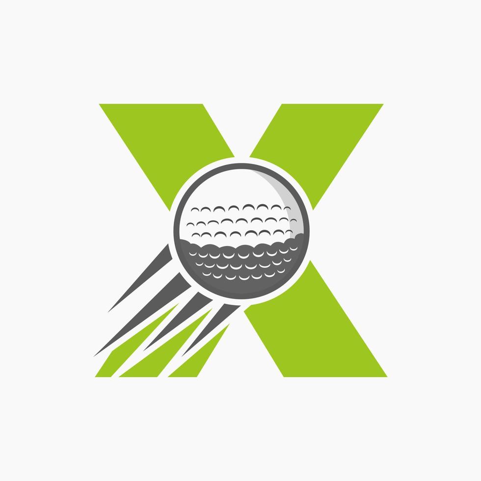 concepto de logotipo de letra x golf con icono de pelota de golf en movimiento. plantilla de vector de símbolo de logotipo de deportes de hockey