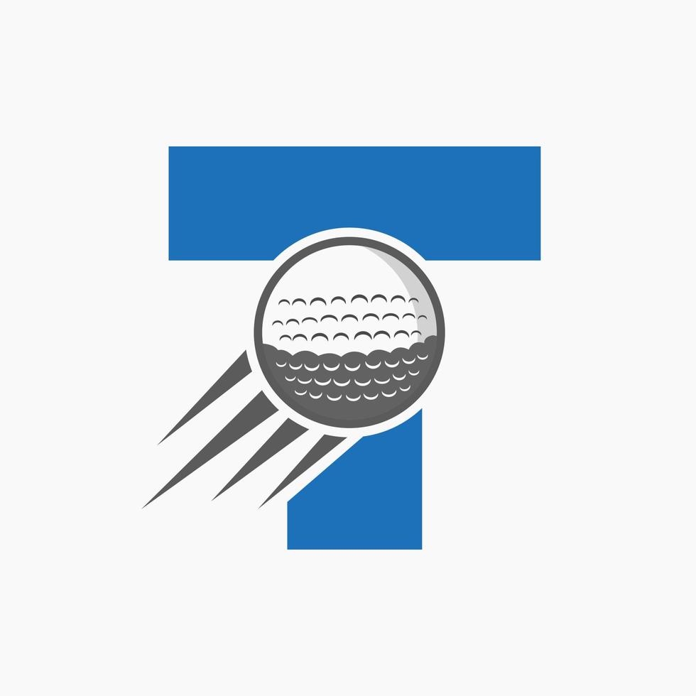 concepto de logotipo de golf con letra t con icono de pelota de golf en movimiento. plantilla de vector de símbolo de logotipo de deportes de hockey