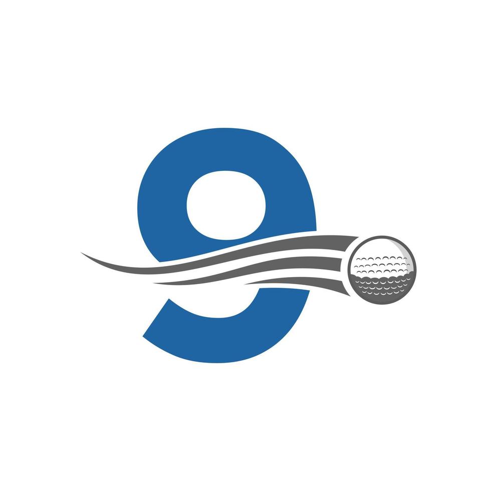 concepto de logotipo de golf de letra 9 con icono de pelota de golf en movimiento. plantilla de vector de símbolo de logotipo de deportes de hockey