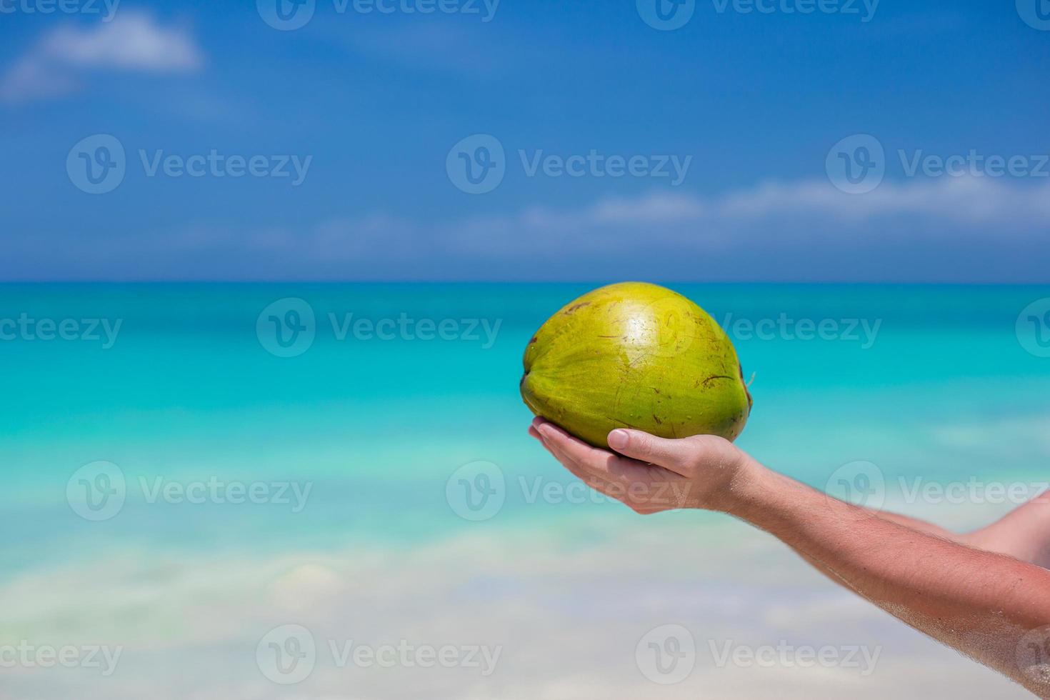 Closeup of coconut in hands background the turquoise sea photo