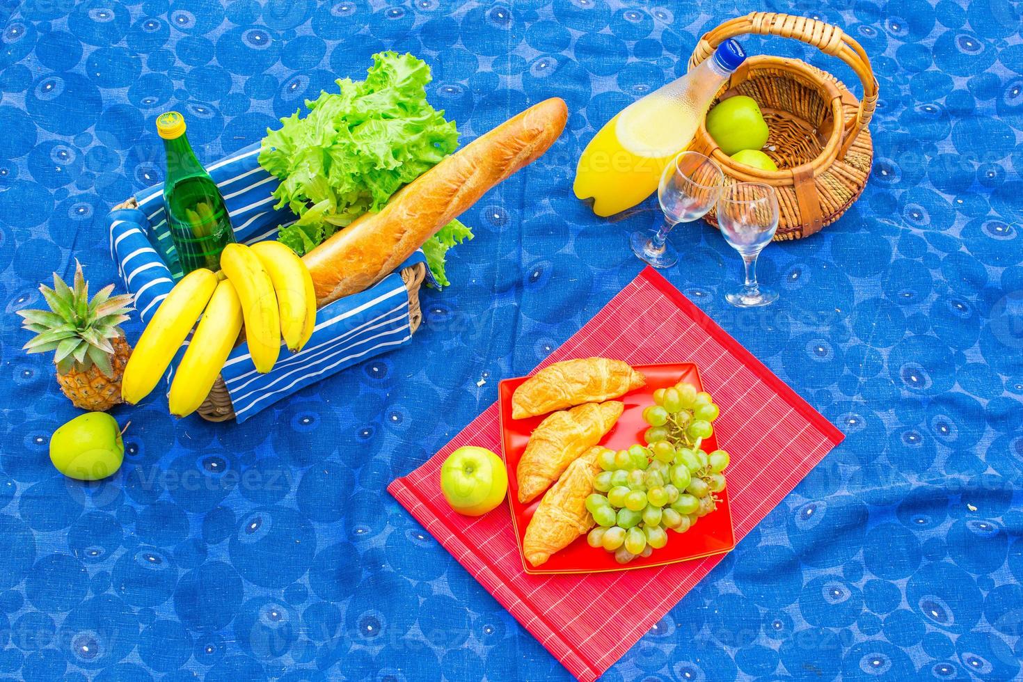 Picnic basket with fruits, bread and bottle of white wine photo