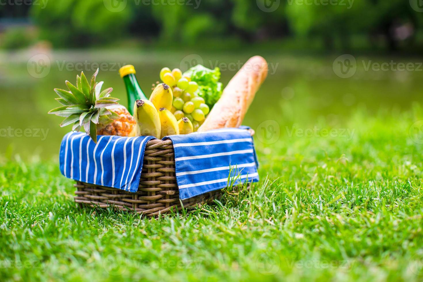 Picnic basket with fruits, bread and bottle of white wine photo