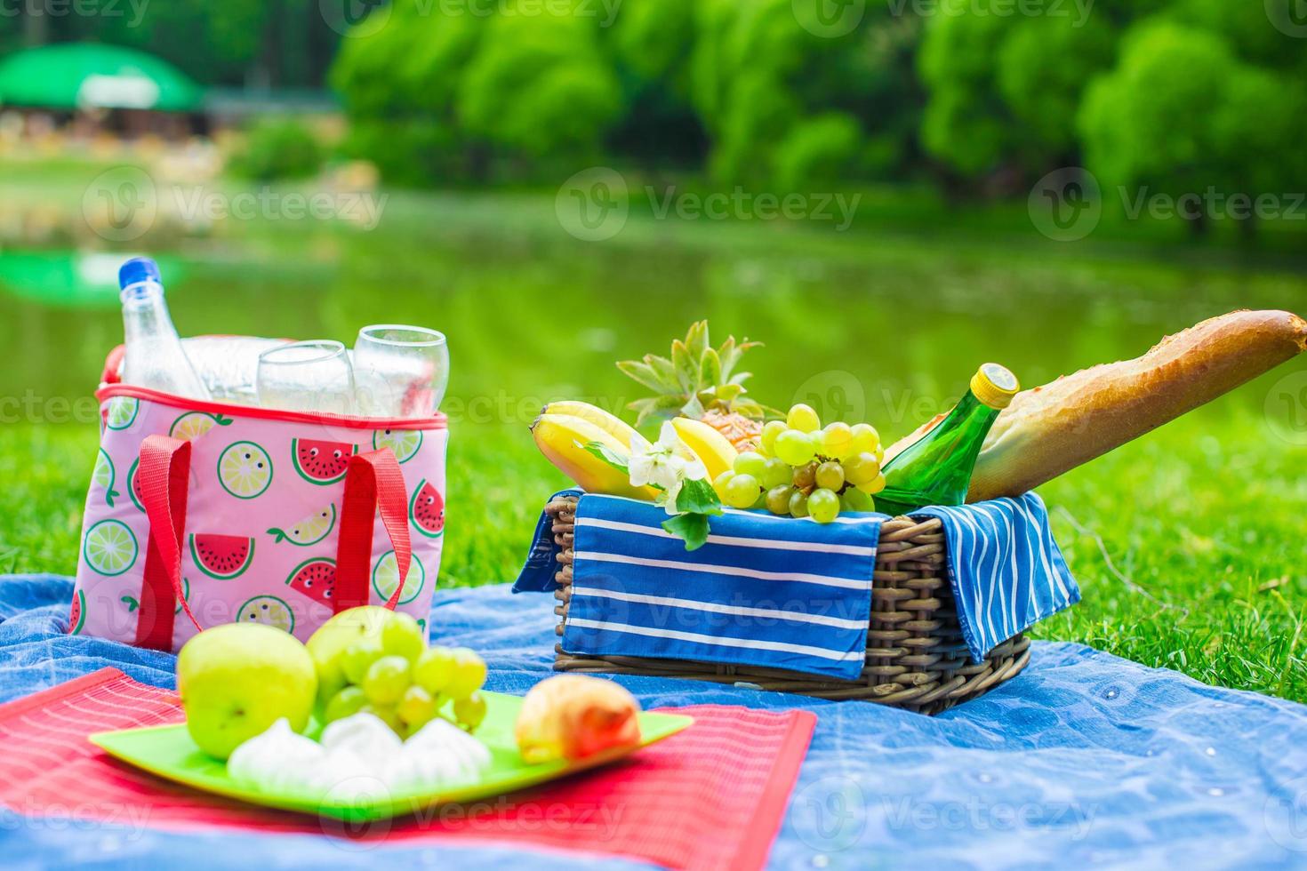 cesta de picnic con frutas, pan y botella de vino blanco. foto