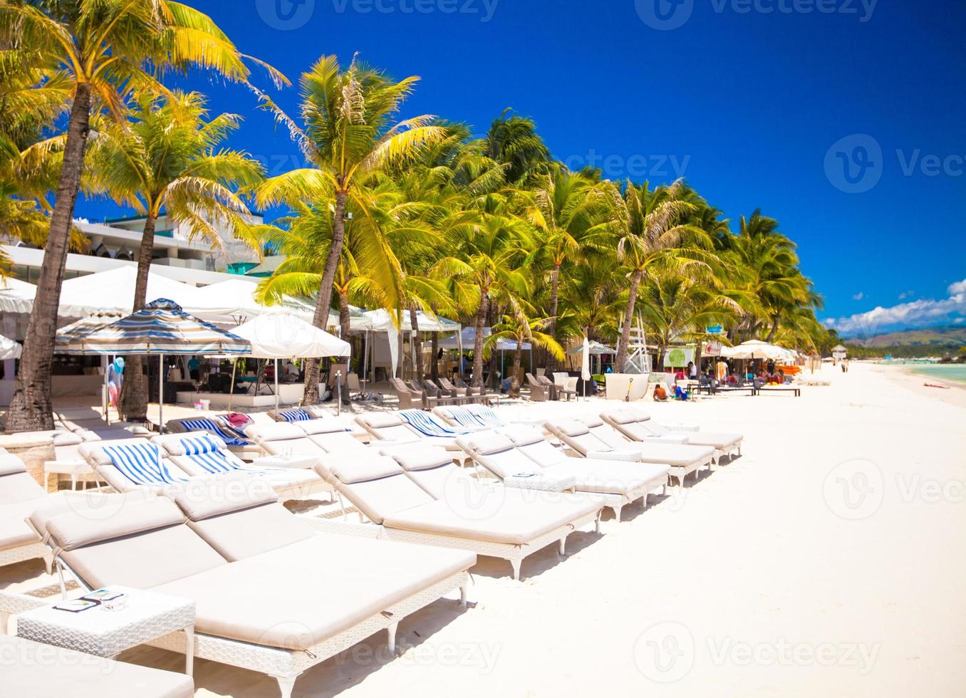 Fantastic view of nice tropical empty sandy plage with umbrella and beach chair photo