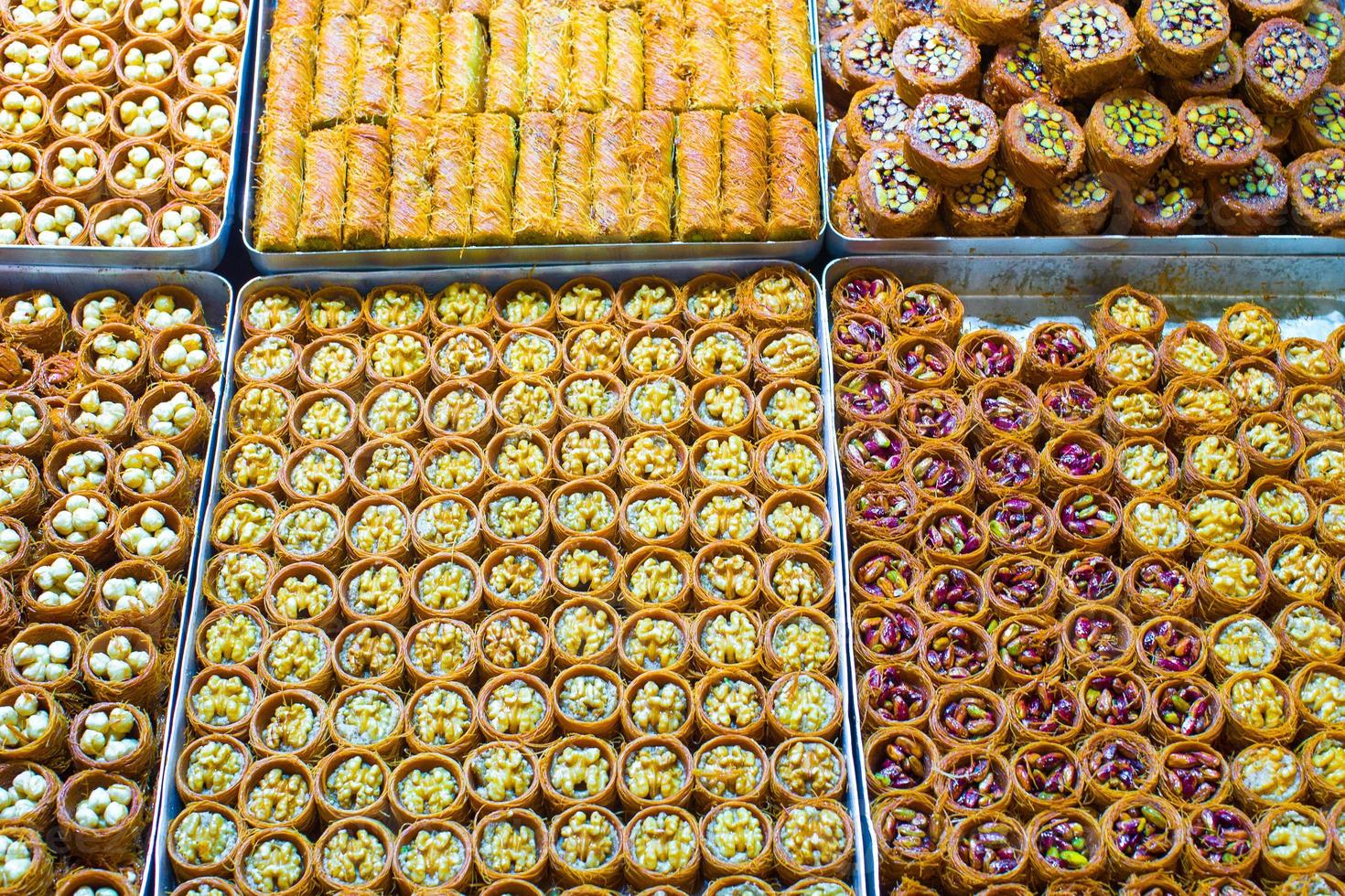 Traditional tasty Turkish sweets on the market photo