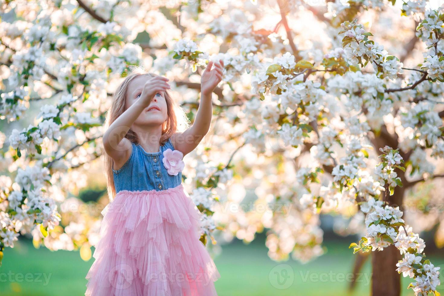 Little girl in blooming apple tree garden enjoy the warm day photo