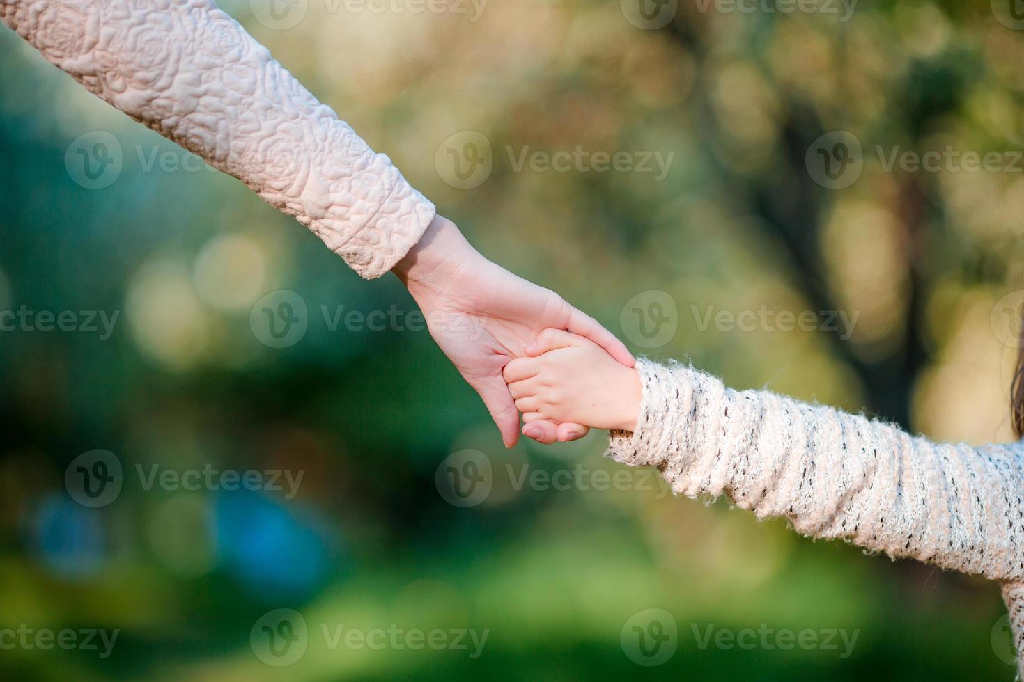 Young parent holds the hand of a small kid photo