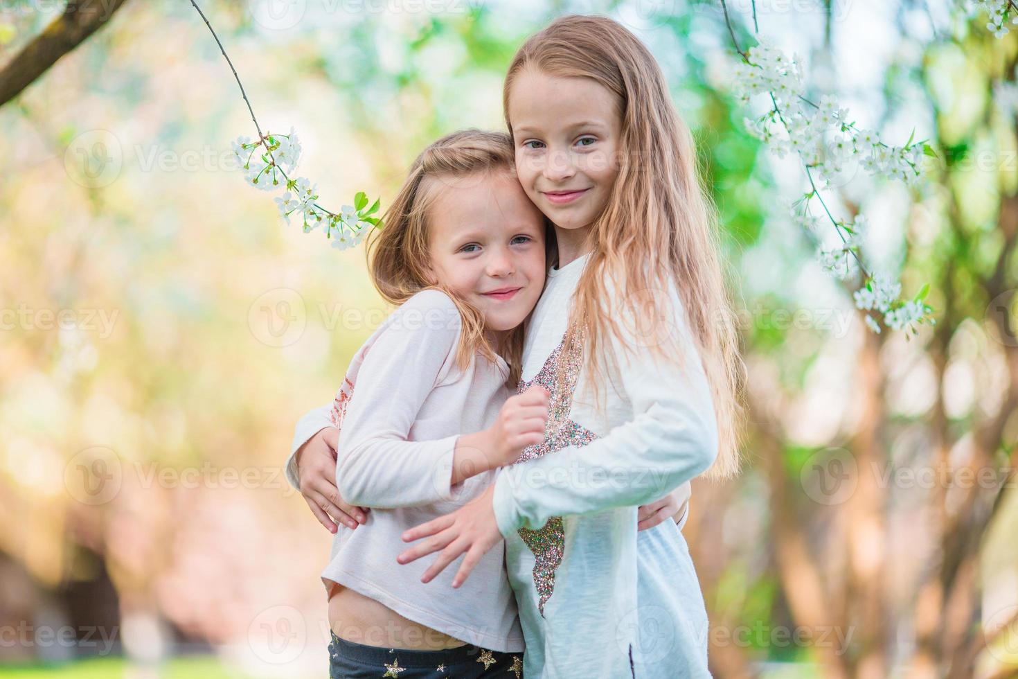 Adorable little girls in blooming apple tree garden on spring day photo