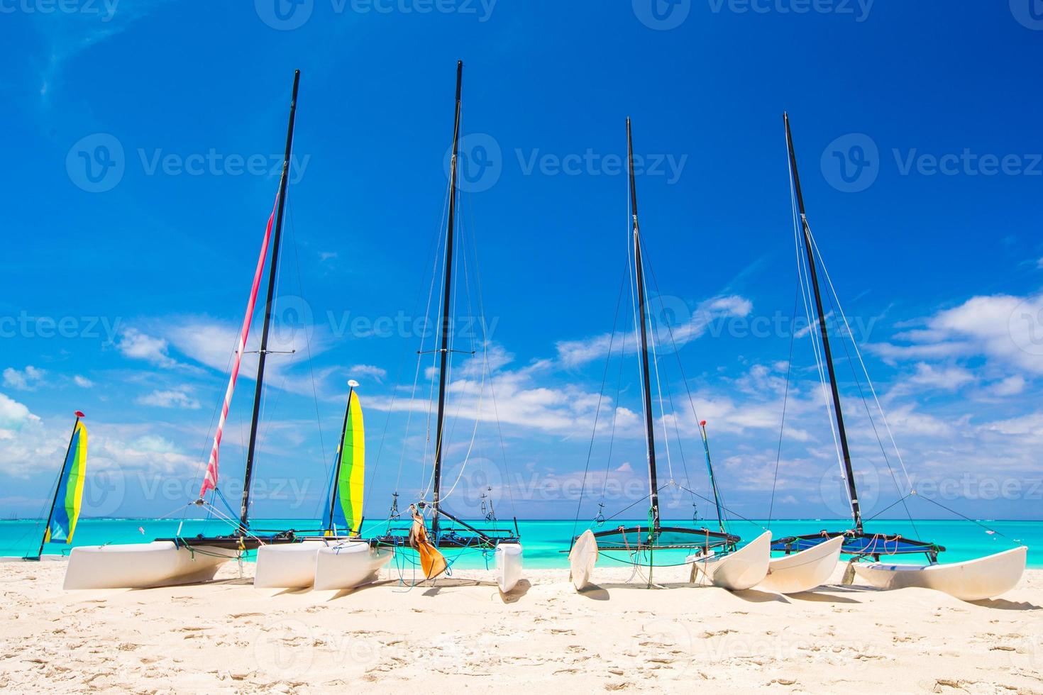 grupo de catamaranes con velas coloridas en la exótica playa caribeña foto