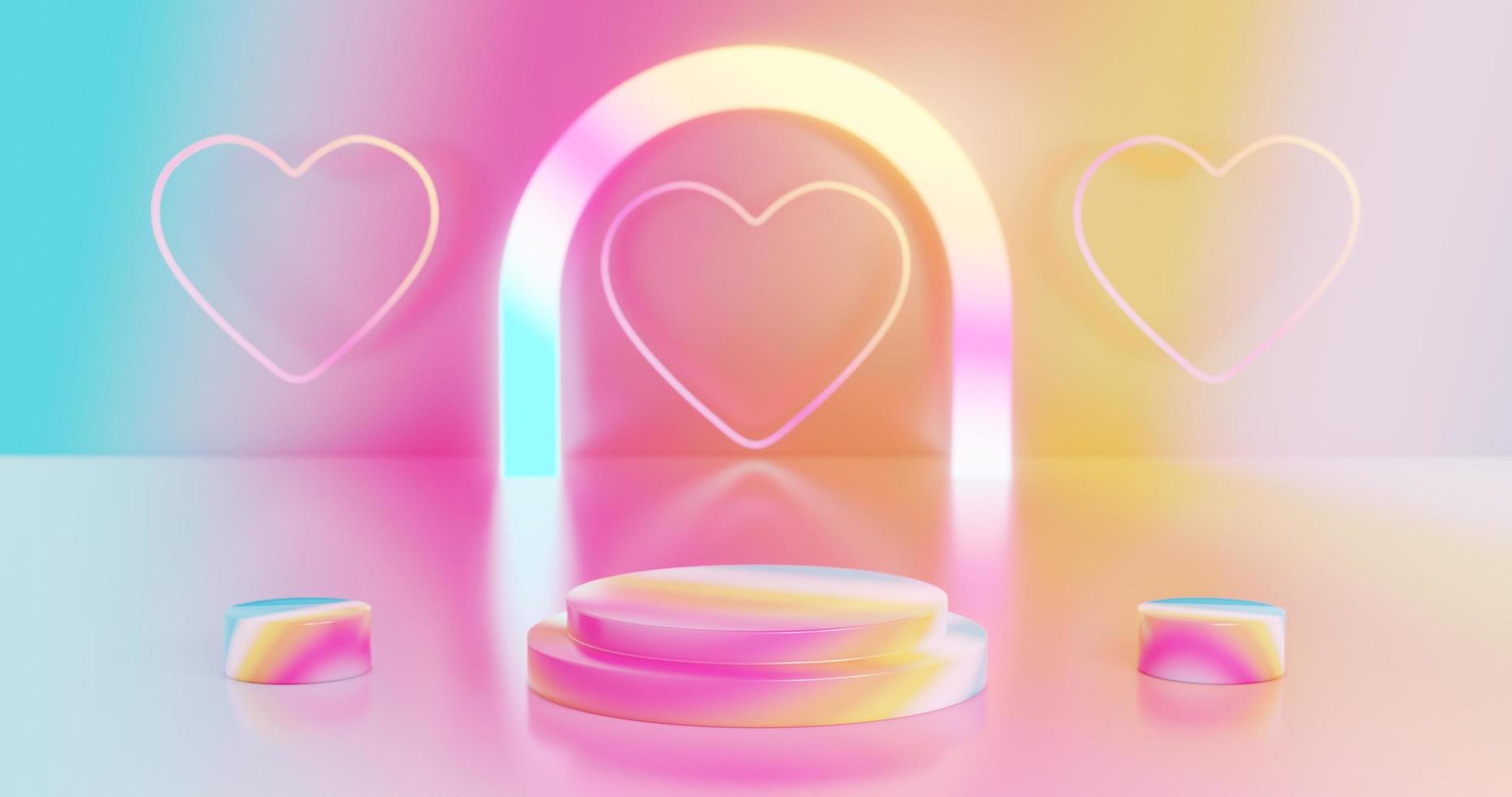 Pastel podium double step round stage with hearts neon light at the wall. photo
