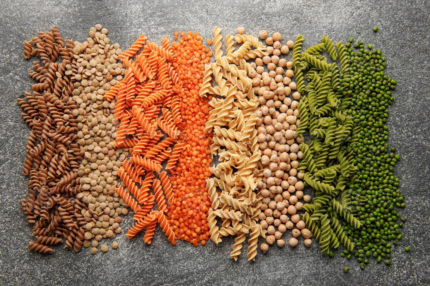 A variety of fusilli pasta from different types of legumes. Gluten-free pasta. photo