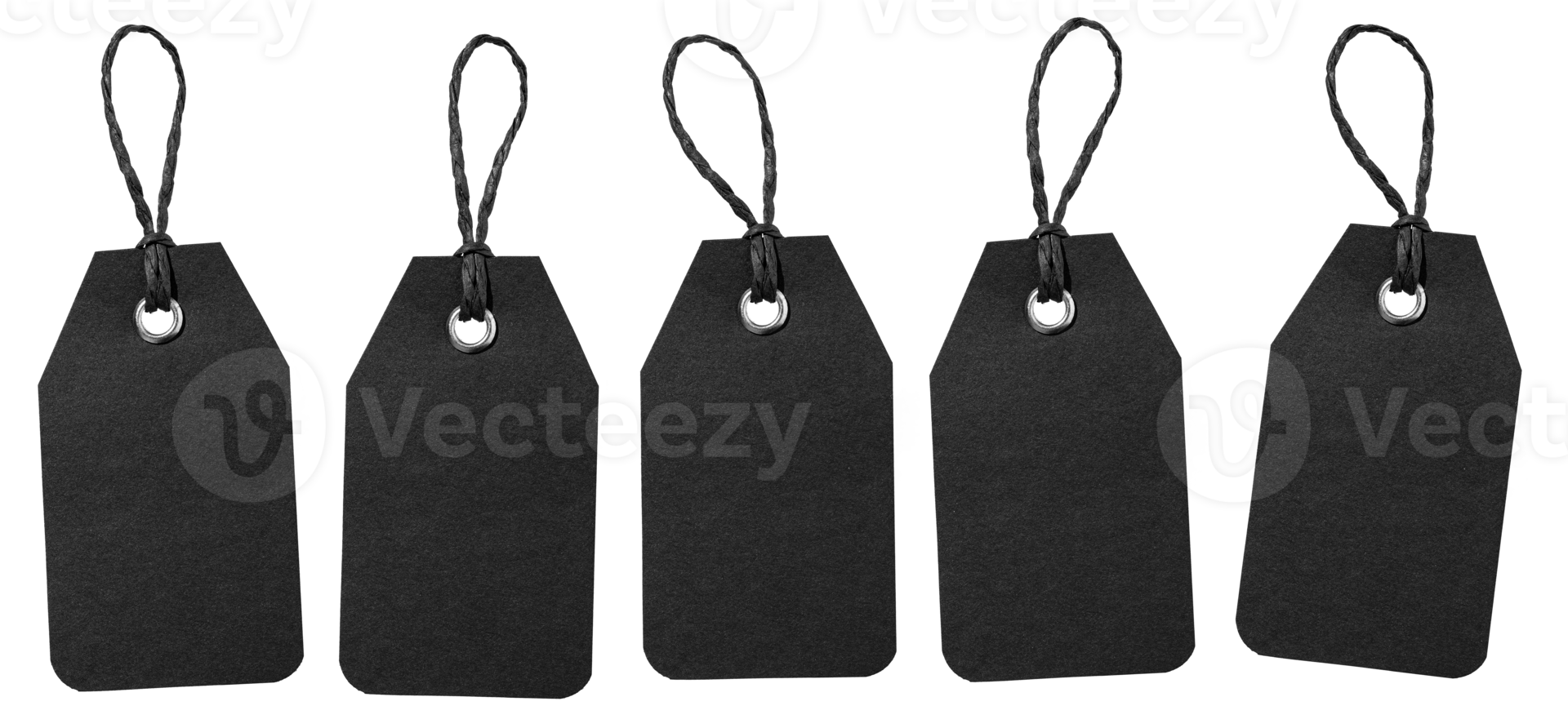 Set of Blank black price tag with string isolated. Template mock up png