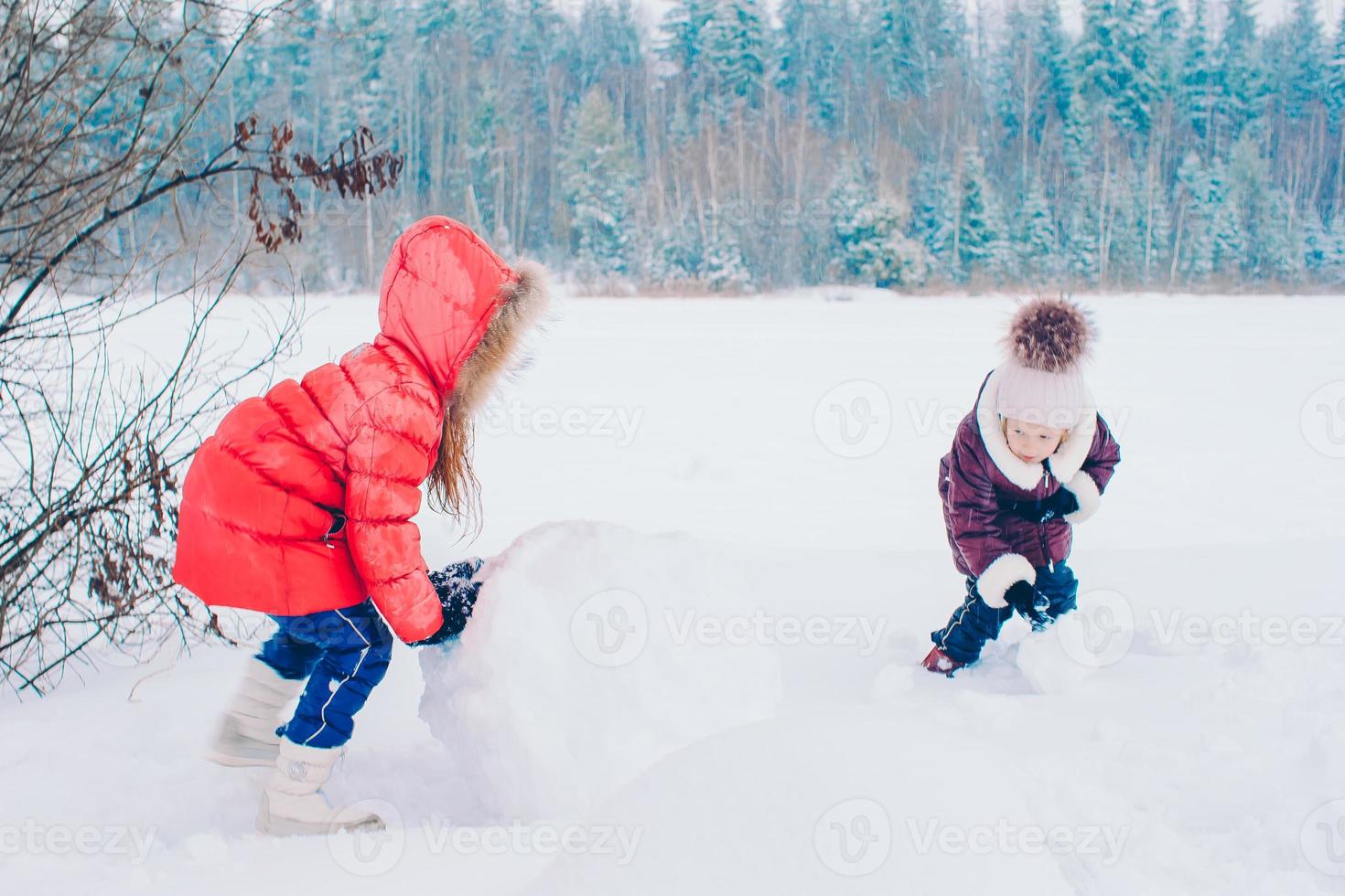 Adorable little happy girls sledding in winter snowy day. photo