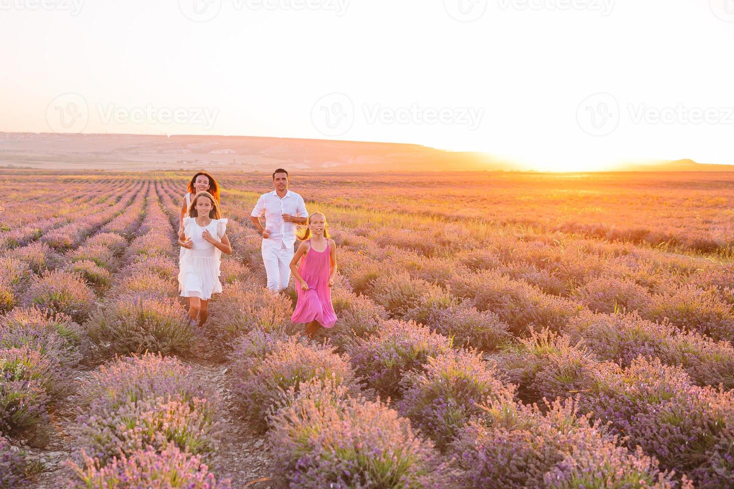 Family of four in lavender flowers field photo