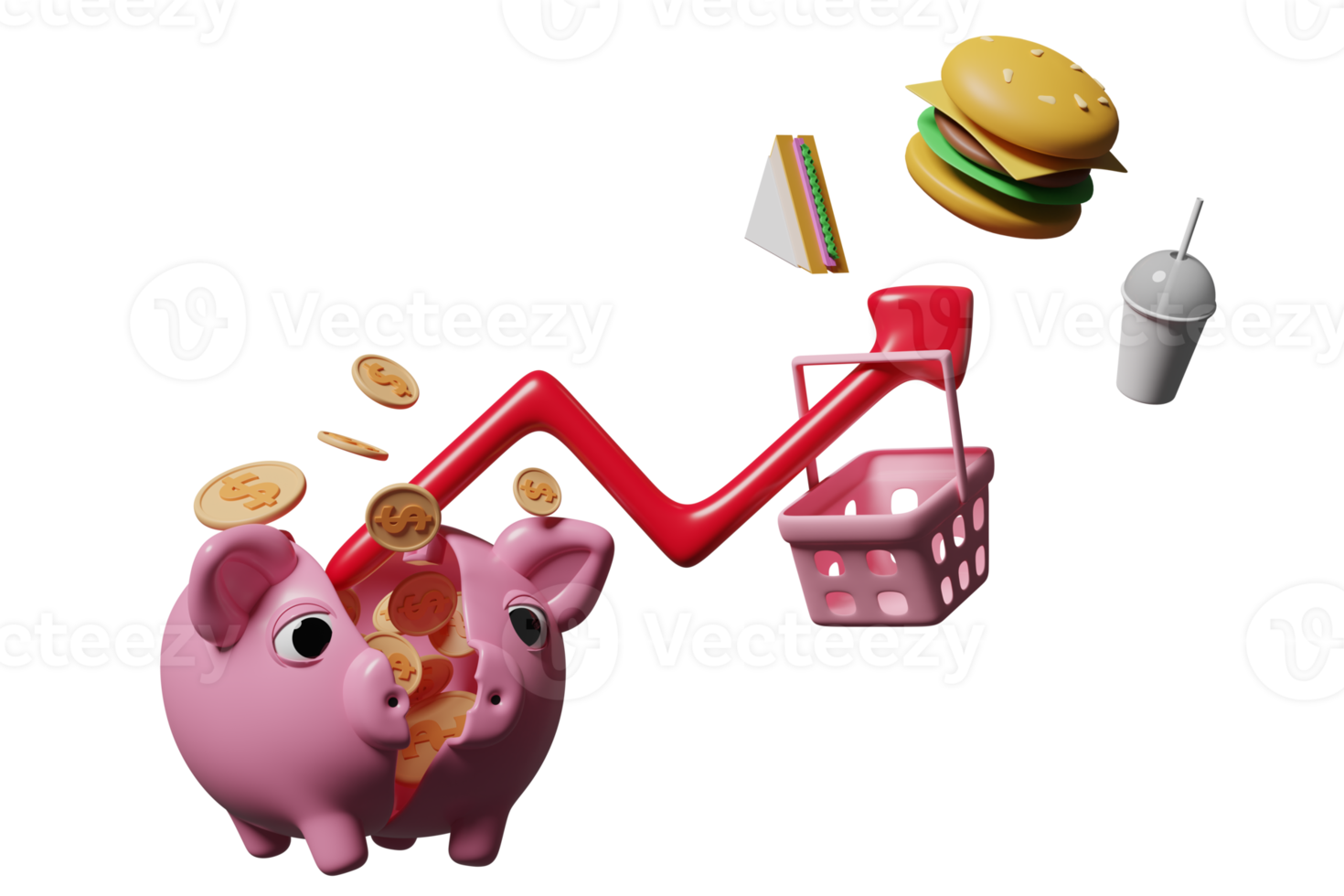 3D-Pfeildiagramm mit Dollarmünzen, kaputtem Sparschwein, Essen, Einkaufswagen, Korb isoliert. hohe inflation, teuer, geld sparen, preiskonzept erhöhen, 3d-darstellung png