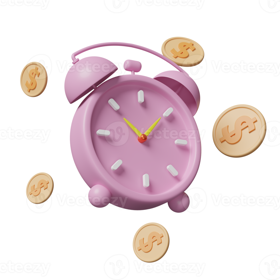 3d cartoon character pink alarm clock wake-up time morning with dollar money coins isolated. minimal design concept, 3d render illustration png