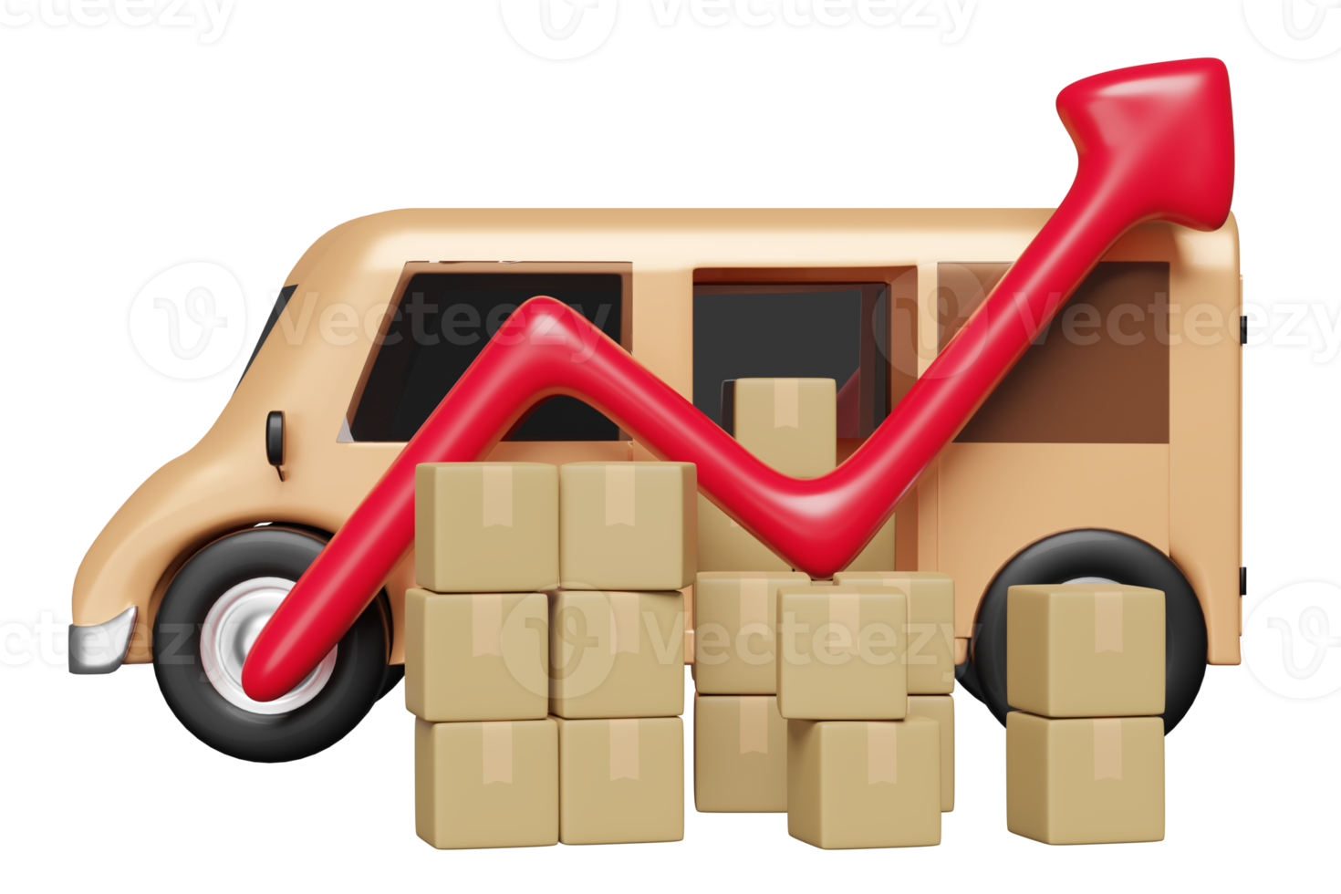 Camion 3d, camionnette de livraison orange avec boîte en carton de marchandises graphique flèche isolée. transport, expédition, inflation élevée, cher, augmenter le concept de prix, illustration de rendu 3d png