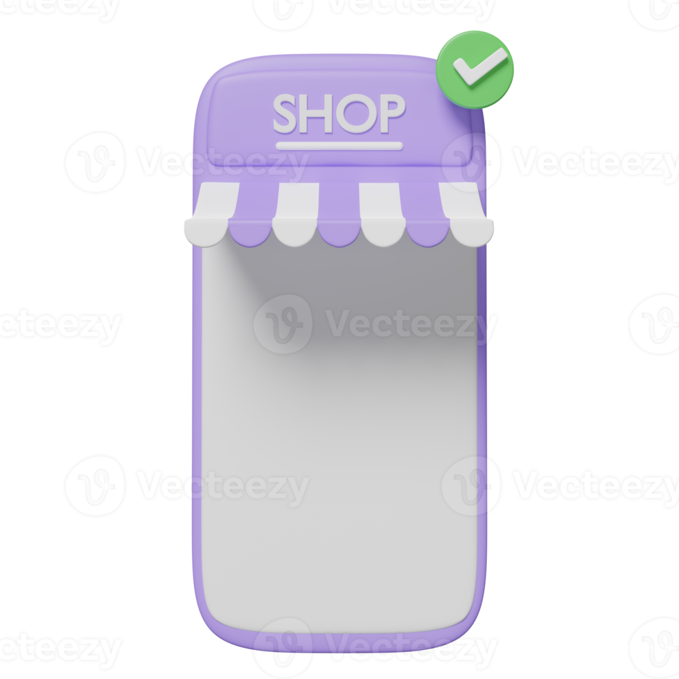 Teléfono móvil o smartphone púrpura 3d con frente de tienda, marca de verificación aislada. compras en línea, concepto mínimo, ilustración 3d o presentación 3d png