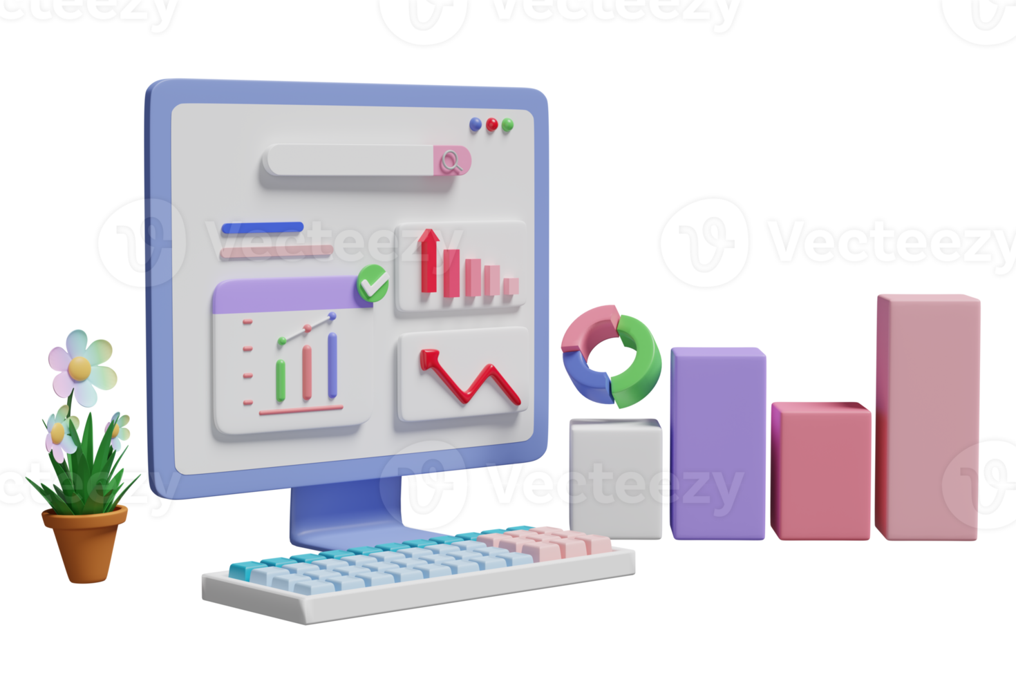 3d financial report charts and graph on laptop computer screen with search bar isolated. Online marketing, business strategy, data analysis, concept, 3d render illustration png