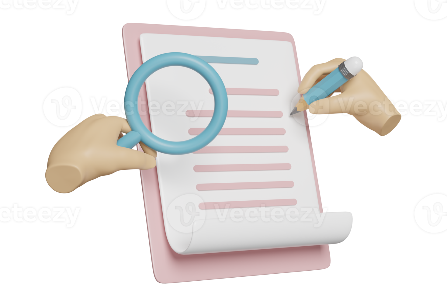 3d check list with hands holding pencil, magnifying glass, clipboard, check mark isolated. concept 3d render illustration png