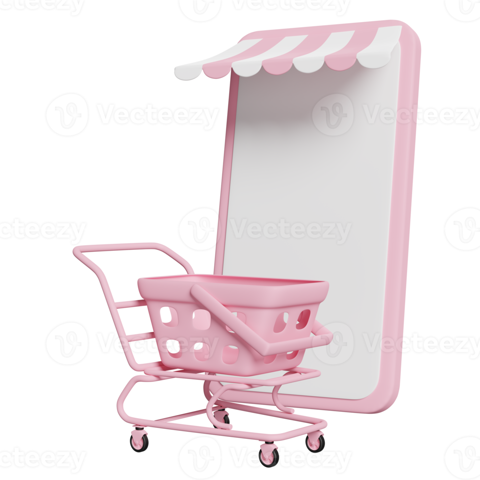 Telefone celular rosa 3d, smartphone com frente de loja, carrinho de compras, cesta isolada. compras on-line, conceito mínimo, ilustração de renderização 3d png