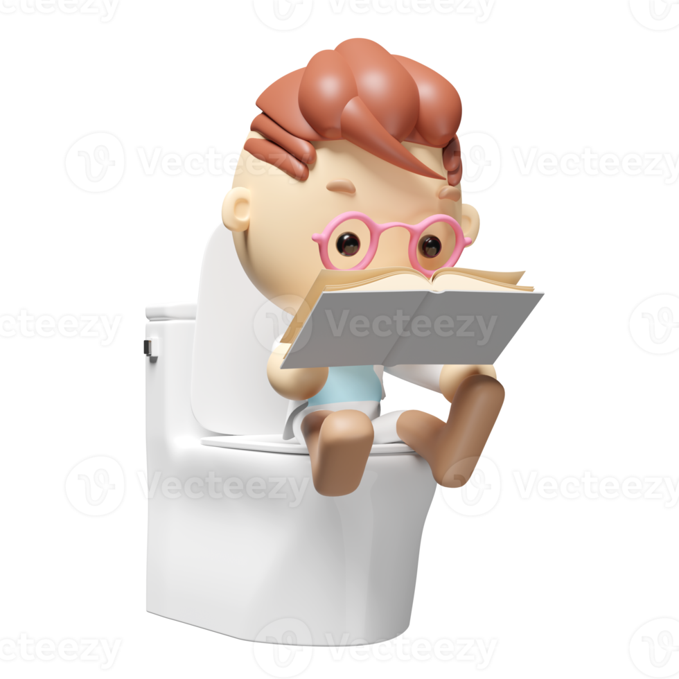 3d cartoon boy character sitting on the toilet in the bathroom reading a book isolated. 3d render illustration png