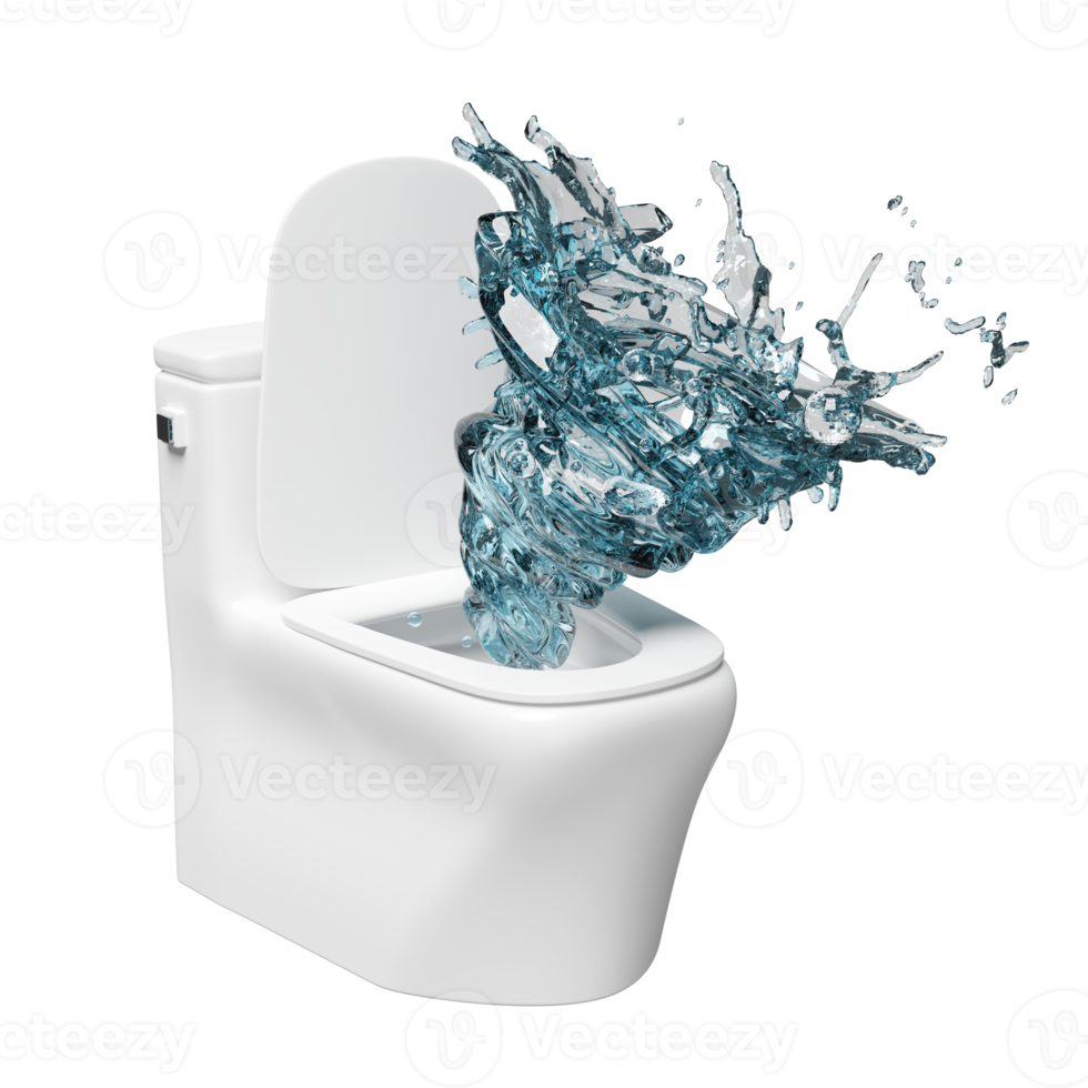 toilet bowl with vortex, twister water splash isolated. powerful suction for thorough cleaning concept, 3d render illustration png