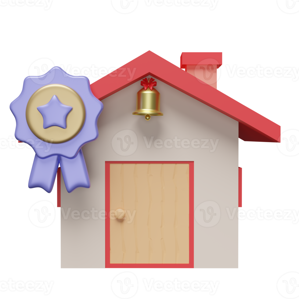 3d red house with winner medal or golden quality guarantee ribbon isolated. certificate concept, 3d render illustration png