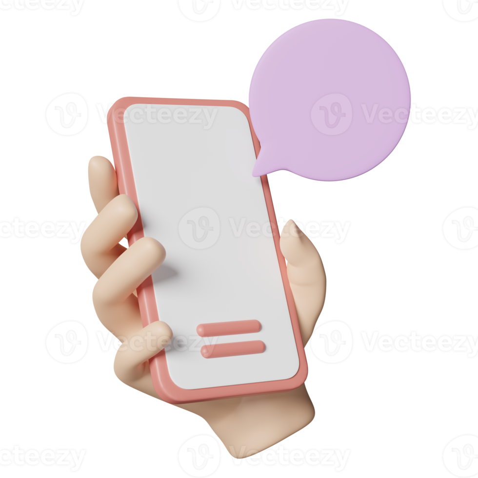 3d social media with hand holding mobile phone, smartphone, chat bubbles icons isolated. online social, communication applications, minimal template concept, 3d render illustration png