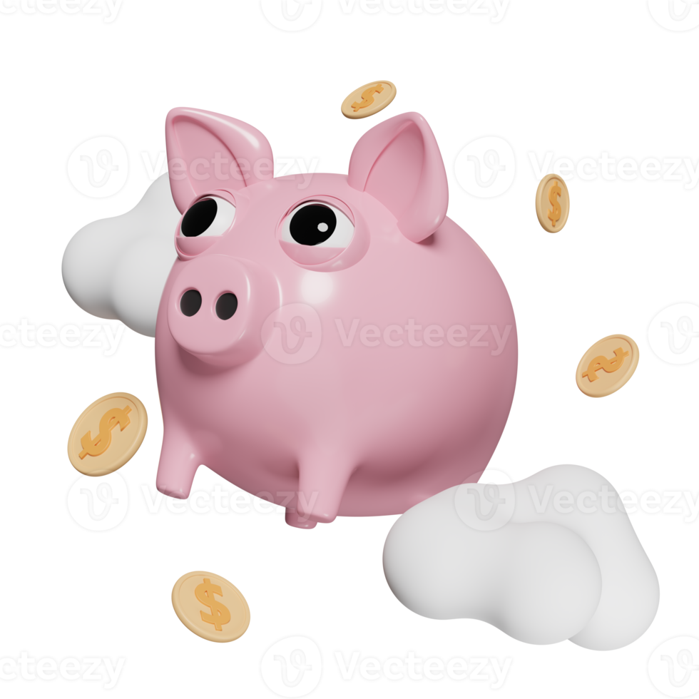 3d pink piggy bank with dollar money coins, cloud isolated. saving money concept, 3d render illustration png