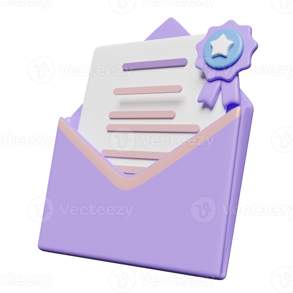 3d purple open envelope, letter icon with notification message, winner medal, golden quality guarantee ribbon isolated. online incoming email concept, 3d render illustration png