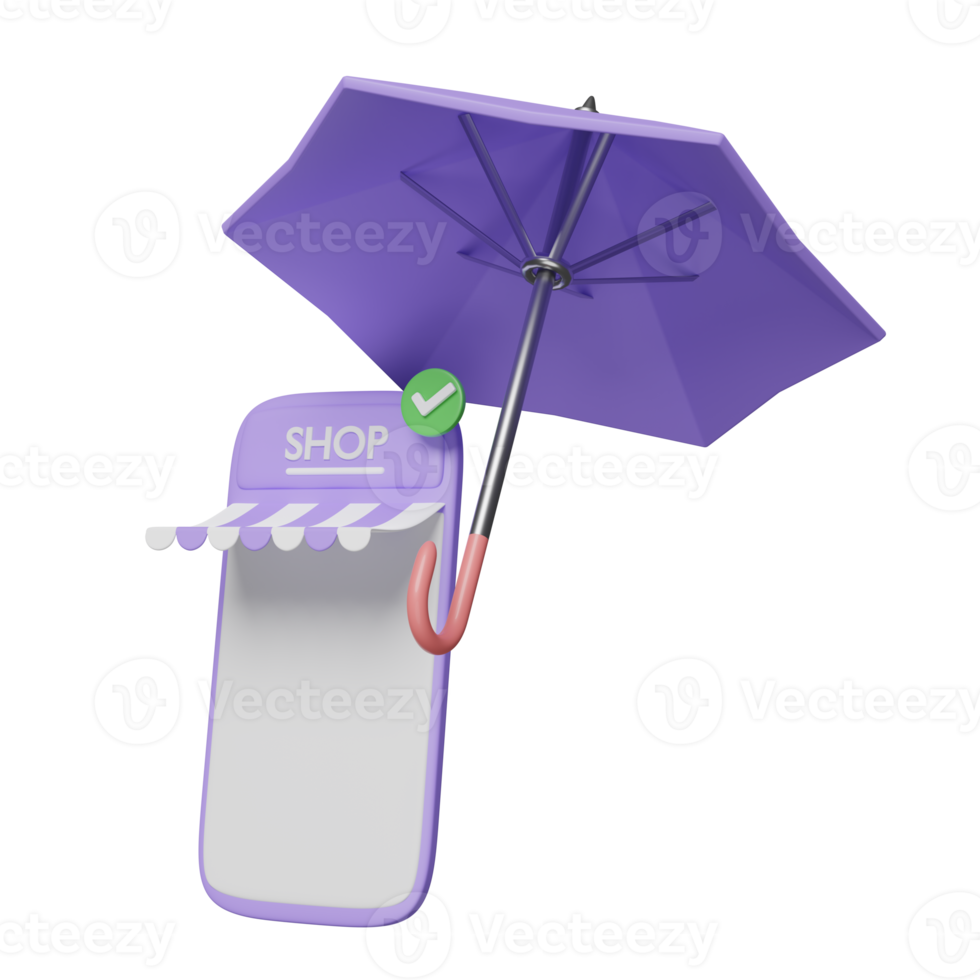 3d purple mobile phone, smartphone with store front, umbrella, checkmark isolated. online shopping, minimal, protect startup franchise business concept, 3d render illustration png