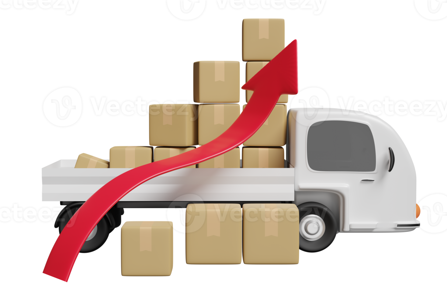 3D-weißer Lieferwagen mit Pfeildiagramm-Warenpappschachtel isoliert. transport, schifffahrt, hohe inflation, teuer, erhöhen sie das preiskonzept, 3d-darstellung png