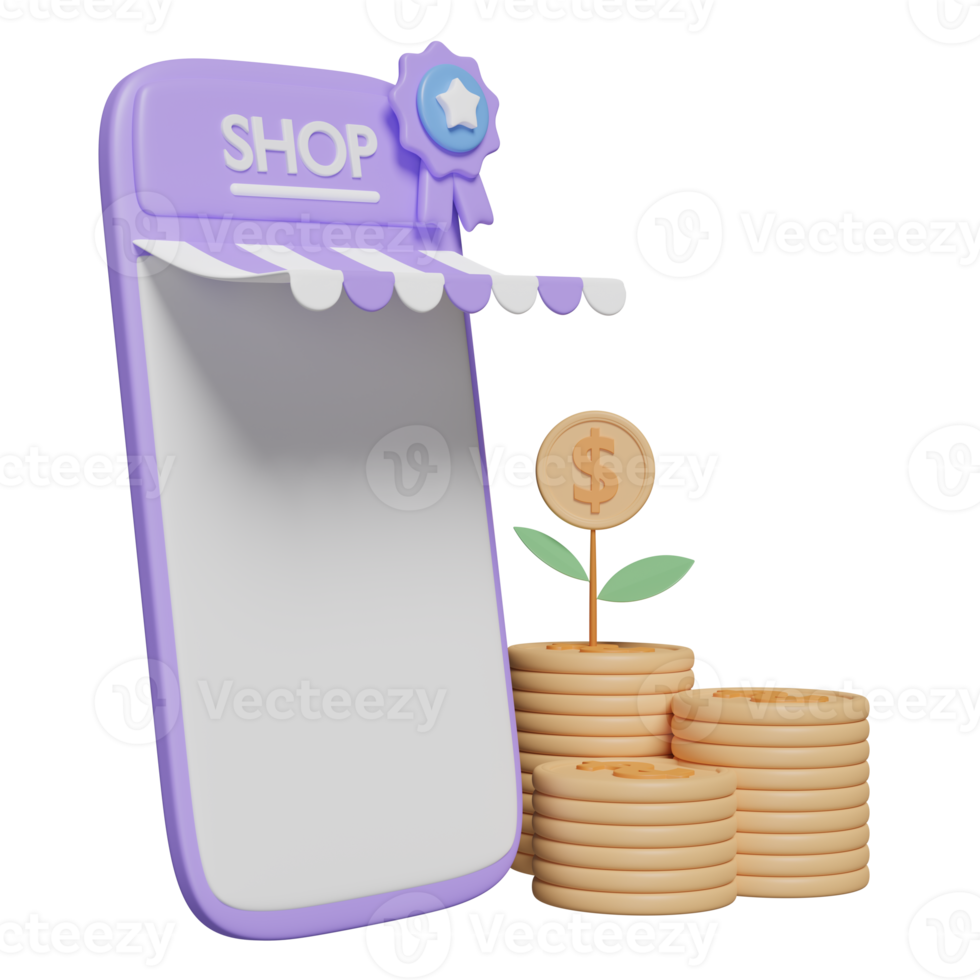 Teléfono móvil 3d, teléfono inteligente con frente de tienda, monedas de dinero en dólares, cinta de garantía de calidad de árbol aislada. compras en línea, ahorro de dinero, crecimiento empresarial, ilustración 3d png