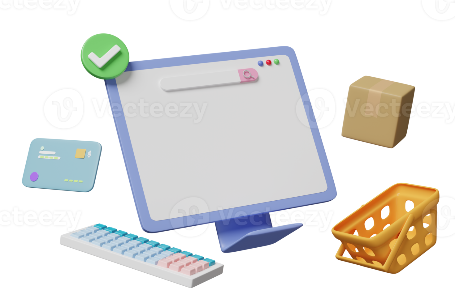3d computer monitor with shopping cart, goods cardboard box, basket, credit card, check marks isolated. Online delivery, online shopping, template concept, 3d render illustration png