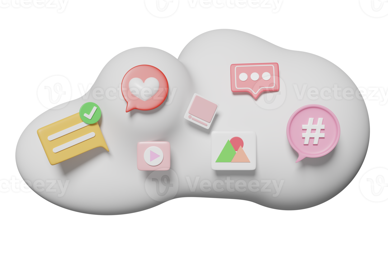 3d social media on cloud with chat bubbles isolated. online social, communication applications seo concept, 3d render illustration png